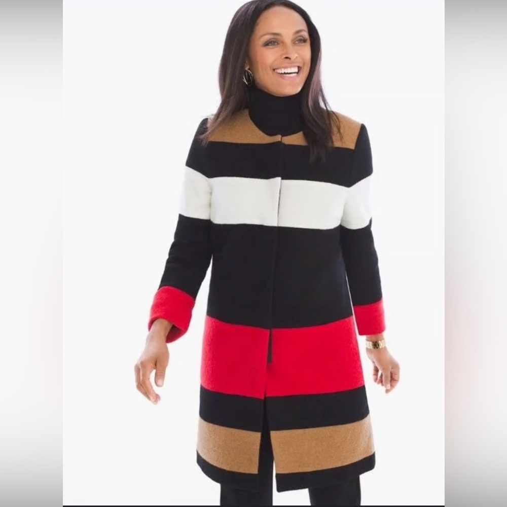 Chicos 100% Striped Colorblock Wool Pea Coat Size S